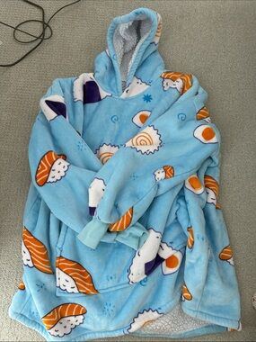Blue Sushi Print Sherpa-Lined Hoodie Blanket